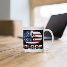 Vintage Style Polaris with American Flag in Distress Behind White Ceramic Mug