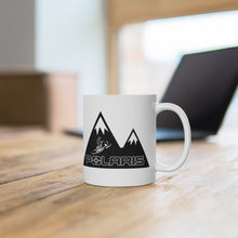 Classic Polaris Snowmobile with Mountain Design Background White Ceramic Mug