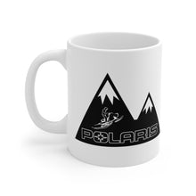 Classic Polaris Snowmobile with Mountain Design Background White Ceramic Mug