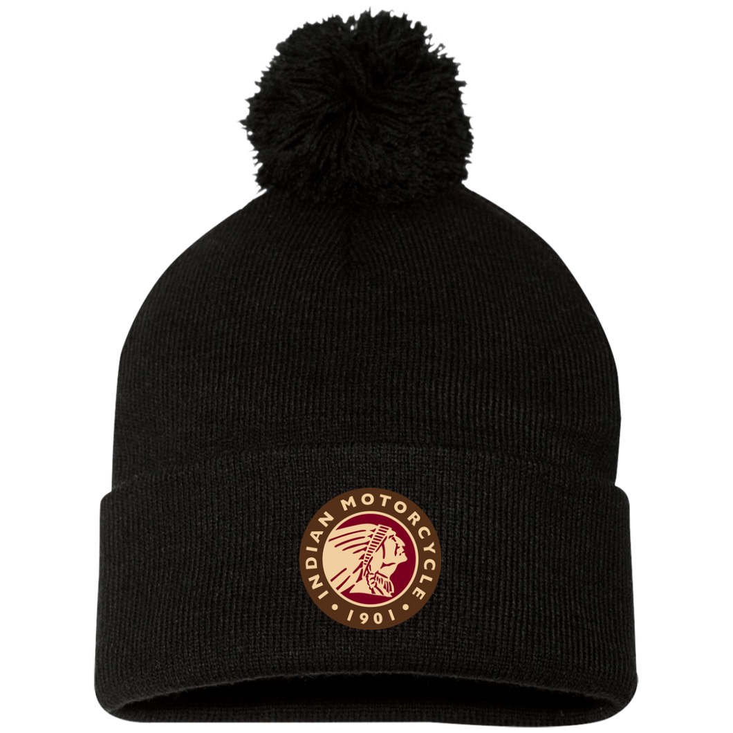 Vintage 1901 Red Brown Indian Motorcycle SP15 Pom Pom Knit Cap