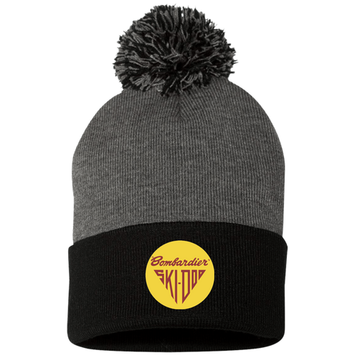 Vintage Style Yellow Red Bombardier Ski-Doo Snowmobile Pom Pom Knit Cap