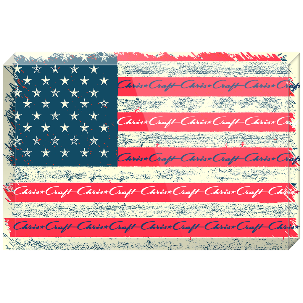 Distressed American Flag with Classic Chris Craft Boat Logo Overlays Acrylic Blocks