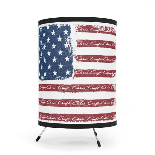 Vintage look American Flag with Chris Craft Boats integrated Tripod Lamp with High-Res Printed Shade, US/CA plug