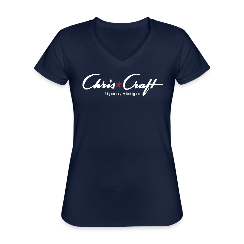 Vintage Chris Craft of Algonac Michigan Women's Short Sleeve V-Neck Tee - navy